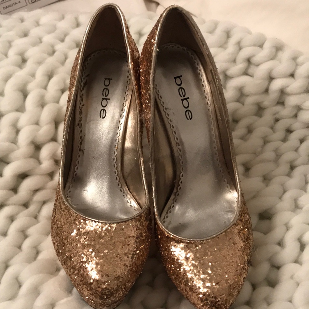 Gold BEBE glitter heels